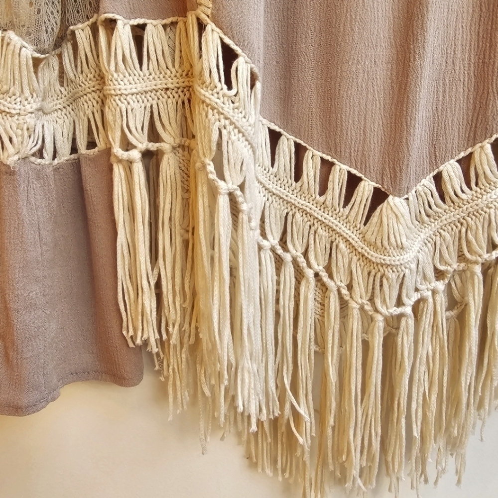 Umgee Macrame Fringe Tunic in Nude Tan Light Brown, Size Small (Oversized) - Picture 6 of 10